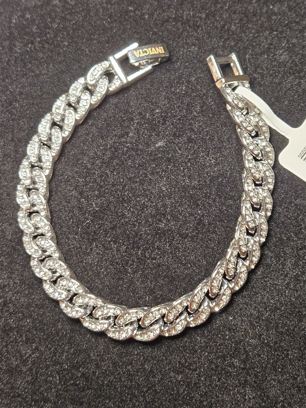 Invicta Unisex Silver Iced Cuban Link Bracelet with Logo Clasp Stainless Steel